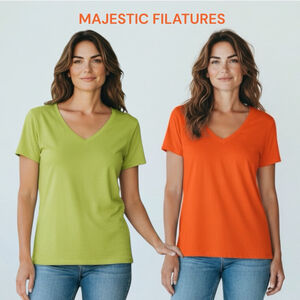 Majestic Filatures TWO Short Sleeve V-Neck Tee Shirt Orange Green size 1=small